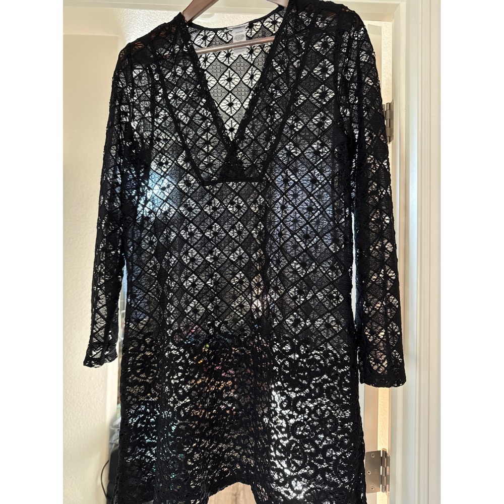 Wearabouts Black Lace V-Neck Tunic Beach Cover Up Long Sleeve‎ Women Size M